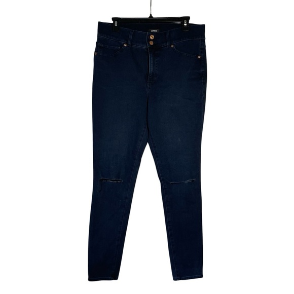 Express Skinny High Rise 4 Way Hyper Stretch Distressed Dark Blue Women Size 12L - Picture 1 of 8